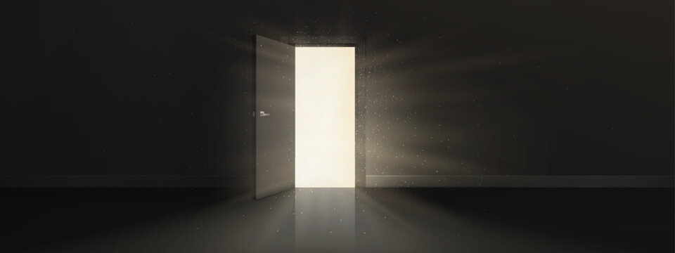 Open door with bright light behind in dark room. Concept of future, new opportunity, freedom, discovery or mystery. Empty room with glow with gold sparkles from doorway, vector realistic illustration