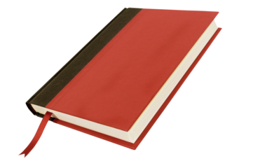 Red text book with ribbon bookmark laid flat closed isolated transparent background photo PNG file