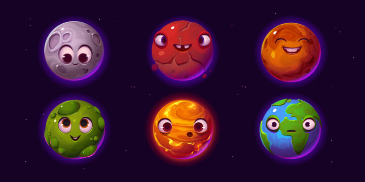 Set of cartoon planet characters isolated on sky background. Vector illustration of Earth, Moon, alien celestial bodies with happy, surprised, sad, comic face expressions. Kids game ui design elements