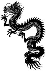 Chinese dragon silhouette. Traditional mythological creature of East Asia. Tattoo.Celestial feng shui animal. Side view. Graphic style vector illustration