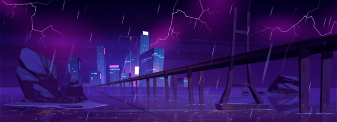 City skyline with bridge above water in thunderstorm with rain and lightnings at night. Town buildings on horizon, overpass highway and lake in storm, vector cartoon illustration