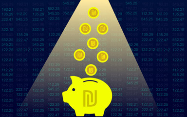 israeli shekel coin depositing into piggy bank oven stock exchange background save money concept design