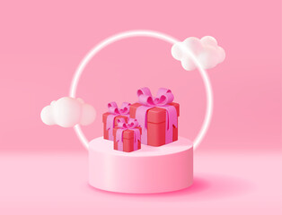 3D Pink Podium with Gift Box and Fluffy Cloud. Render Stage Mockup. Platform with Cartoon Clouds. Valentine Day, Birthday Card, Product Display Presentation Advertisement. Vector Illustration