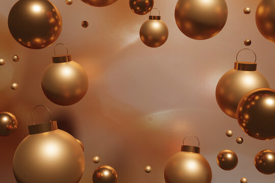 3d render of beautiful flying golden Christmas baubles on a gold background