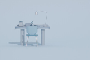 Pastel blue monochrome minimal office table desk. Minimal idea concept for study desk and workspace. Mockup template, 3d rendering
