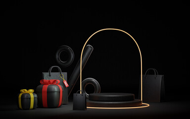 Black Friday Sale. Realistic 3d render stage podium, neon lights, gift box black, black gift box, red bow, yellow bow, shopping bag, big percent label discount. Creative marketing concept. 3D Render 
