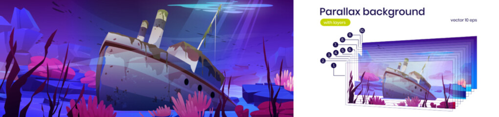 Sunken ship under water in sea or ocean. Underwater landscape with shipwrecked broken steamboat, corals and marine plants on seabed, vector cartoon parallax illustration ready for 2d animation - obrazy, fototapety, plakaty