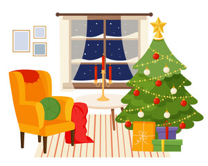 Christmas interior for the living room or bedroom Christmas tree, armchair, window, candlestick with candles. Night winter landscape outside. Vector elements for a festive background, banner, website