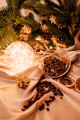 Christmas composition with coffee beans, dried oranges and garland