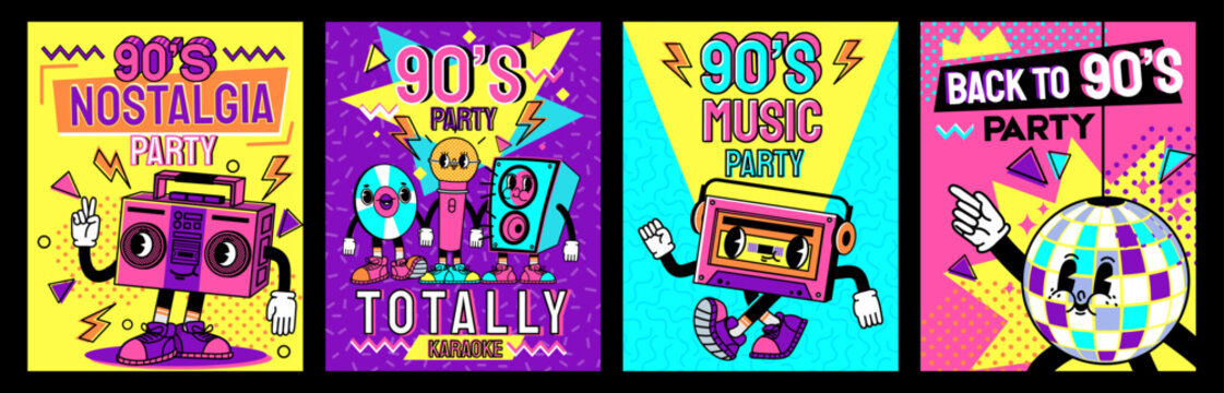 Retro party poster. Back to 90s, nostalgia music and karaoke flyer design with cartoon characters vector set