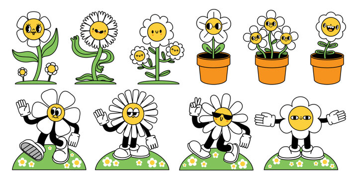 Cartoon flower mascot. Happy daisy in pot, cool spring mascot and retro flowers characters with hands and legs vector set