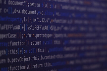 AngularJS in editor for website development. Coding script text on screen. Computer science lesson. Programming code abstract screen of software developer.