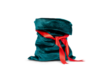 isolated open gift bag with red ribbon closeup