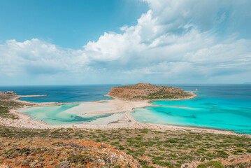 Balos lagoon, crete island, greece: panorama with white sandy beach and turquoise blue water at the main tourist destination near chania