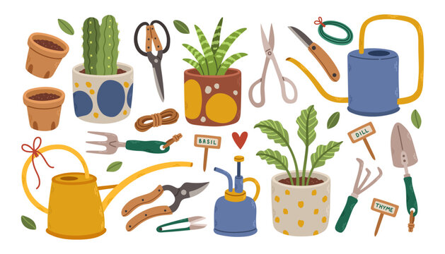 Set of gardening tools and plants in pots isolated on white. Bundle of equipment for home plants. Flat cartoon vector.