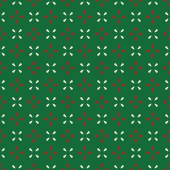 Abstract vector seamless pattern. Simple geometrical repeated background for holiday designs. Classic festive colors. Christmas or birthday tile print in red, green, and white-cream colors.