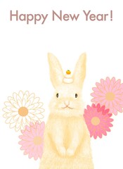 白背景とお花をバックに可愛いうさぎが頭にお餅を乗せてハッピーニューイヤー！