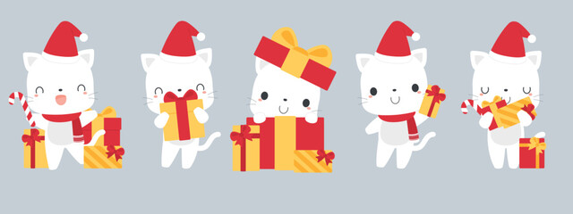 Set of cute white cat cartoon characters wearing Santa hat, holding gift boxes. Festive Christmas holiday season concept. Flat vector illustration.	