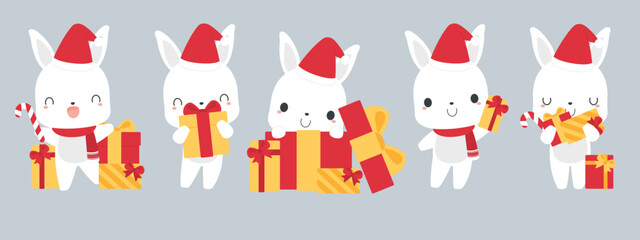 Set of cute white bunny rabbit cartoon characters wearing Santa hat, holding gift boxes. Festive Christmas holiday season concept. Flat vector illustration.	