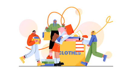 Clothes donation, charity concept. Volunteers bringing and collect apparel into carton box for poor, homeless people, beggars, refugees. Second hand clothing reuse, Linear flat vector illustration