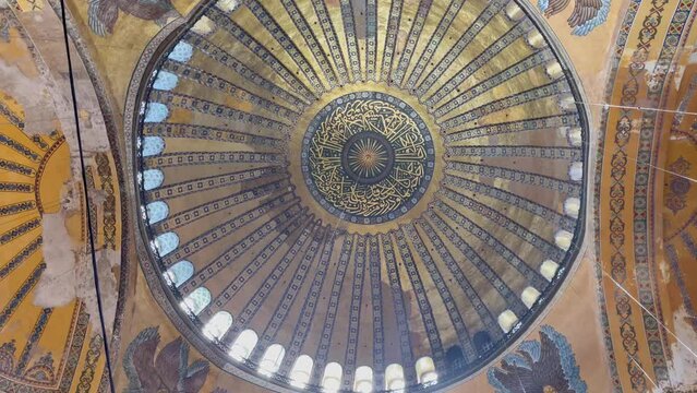 Ceiling of the dome of Hagia Sophia muslim mosque in Istanbul city. Famous religious landmark in Turkey