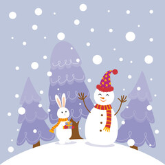White rabbits and snowman. Christmas illustration.