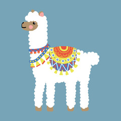 Cute White Alpaca Illustration with accessories for kids vector 
suitabe for stationery, kids apparel, fabric and t-shirt
