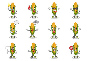 stock vector set of cute corn cartoon mascot with face expression on a white background