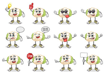 stock vector set of cute caulinflower cartoon mascot with face expression on a white background