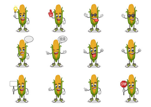 stock vector set of cute corn cartoon mascot with face expression on a white background