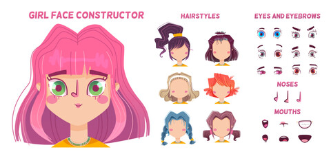 Baby girl face construction, generator of child avatar with different hairstyle, noses, eyes and brows with different emotions isolated on white background, vector cartoon set