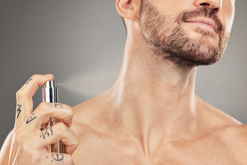 Man, perfume and hands spray on neck for beauty wellness or luxury fragrance cosmetics in studio....