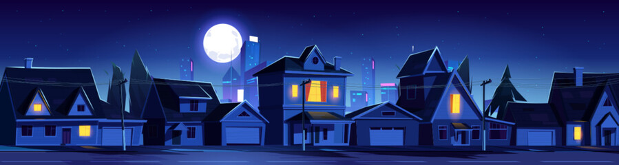 Naklejka premium Night town street with cottage houses, cityscape background. Vector cartoon illustration of suburban disrict and illuminated skyscrapers under midnight sky with stars and full moon glowing in darkness