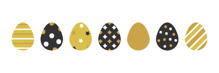 Set, collection of decorated black and gold easter eggs for Easter design.