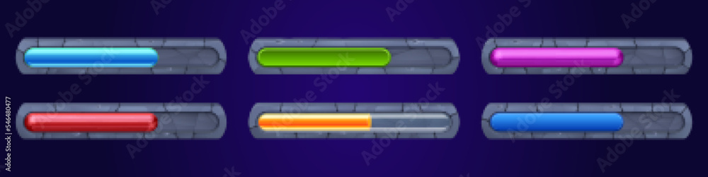 Poster game progress bars, download or upload status banner. ui elements for game or web interface, progres