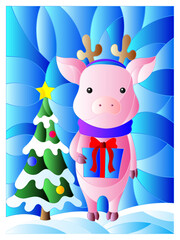 Illustration in stained glass style with a cartoon pig and a Christmas tree on a background of snow and sky