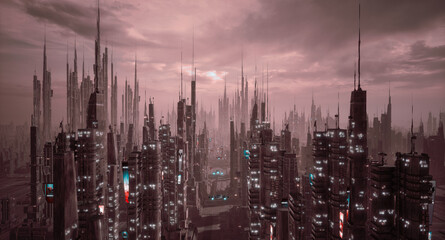 Futuristic cyberpunk city and metaverse concept, 3d render