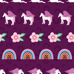 Pegasus rainbow flowers illustration, vector seamless pattern design