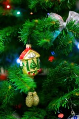 Elegant decorated with balls and figures Christmas tree