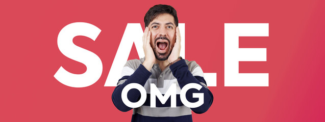 OMG SALE. Sale Facebook Cover Photo. Social media or Web sale cover photo. Man screaming...