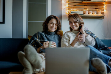 Cheerful cute lesbian couple two young women girlfriends in warm sweaters sitting at home on the sofa in front of a laptop