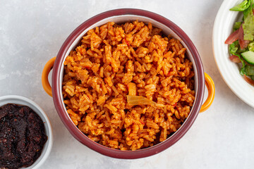 Ghana Jollof rice with a side of shito.