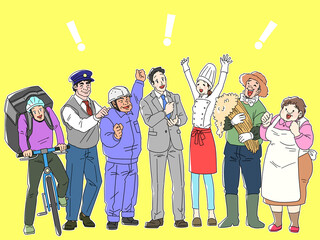 笑顔の個人事業主（フリーランス）のイラスト　ビックリマークの背景