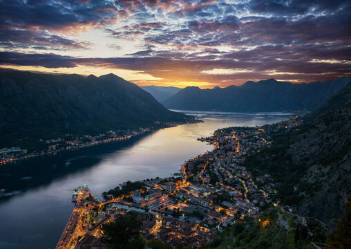 Panoramic evening view of the old town and the Bay of Kotor from above. The Bay of Kotor is the beautiful place on the Adriatic Sea. Kotor, Montenegro.