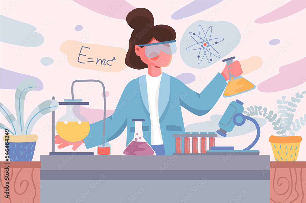 Poster laboratory banner. woman scientist doing tests in flasks in lab background. scientific research on p