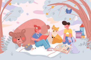 Education banner. Kids read books or learn textbooks with cute animals at picnic in park background. Pupils study at school poster. Illustration for backdrop or placard in flat cartoon design