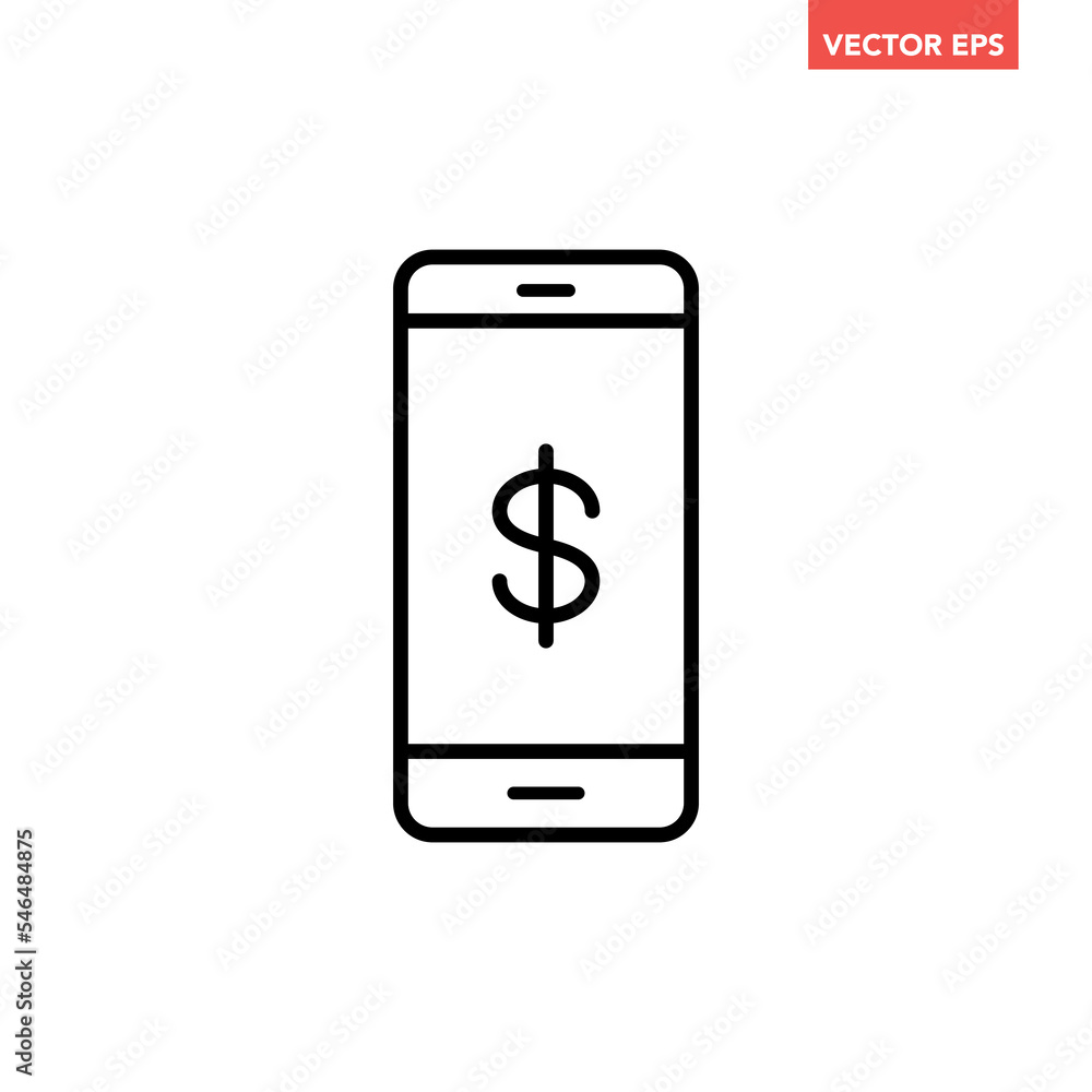 Poster black single phone money transaction line icon, simple digital online shopping flat design pictogram
