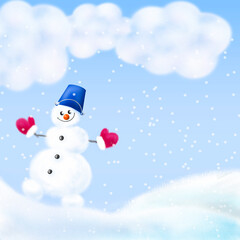 winter greeting card with a snowman , Christmas drawing