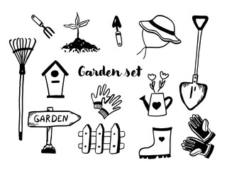 Gardening tools doodle style illustration. Garden hobby equipment isolated vector object set. © Evgeniya Sheydt