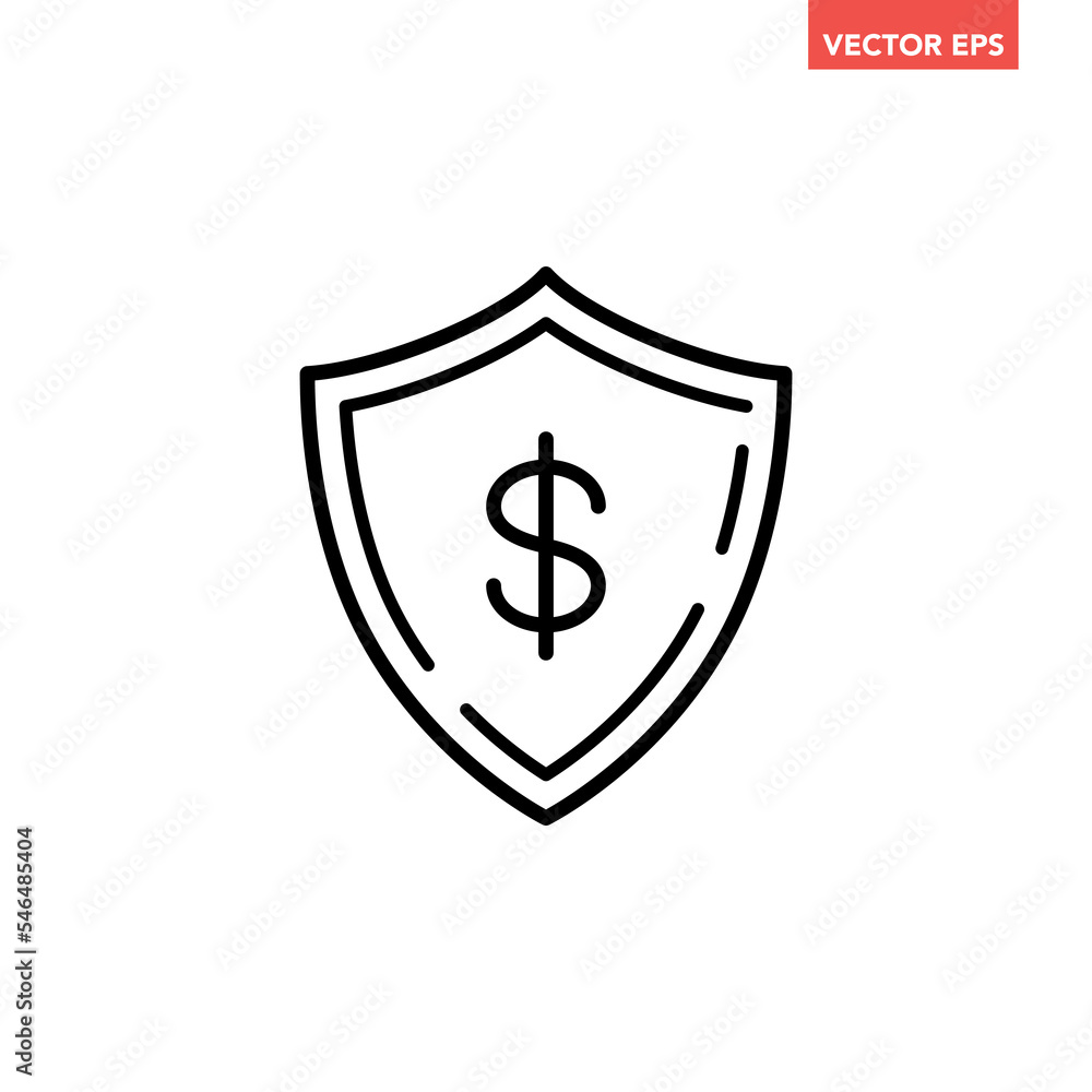 Poster black single money protection shield line icon, simple dollar shield shape flat design pictogram, in